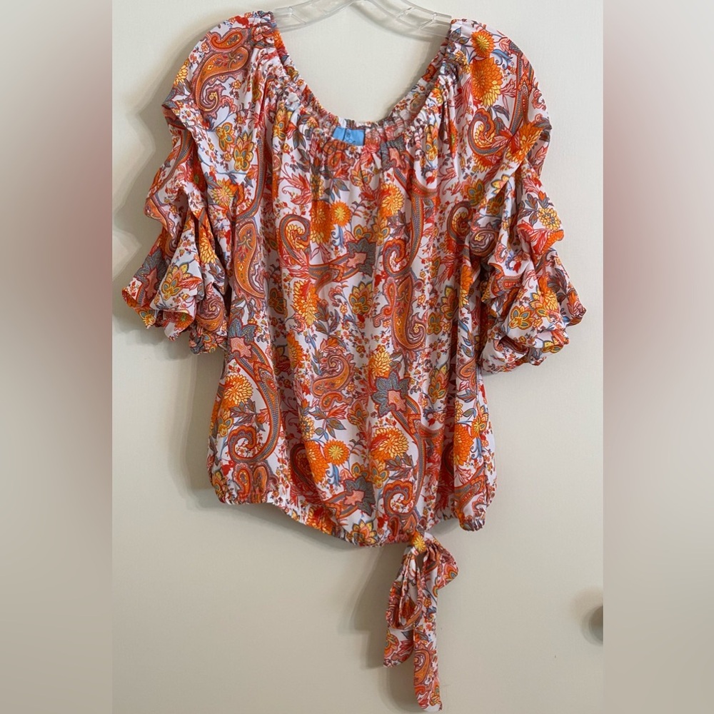 CeCe Floral Paisley Blouse - Orange and Red